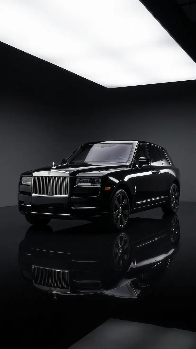 Black Rolls-Royce Cullinan with hand-polished silver grille in the Seven Star showroom, reflected in the polished black floor — the signature wedding chauffeur SUV in Vancouver