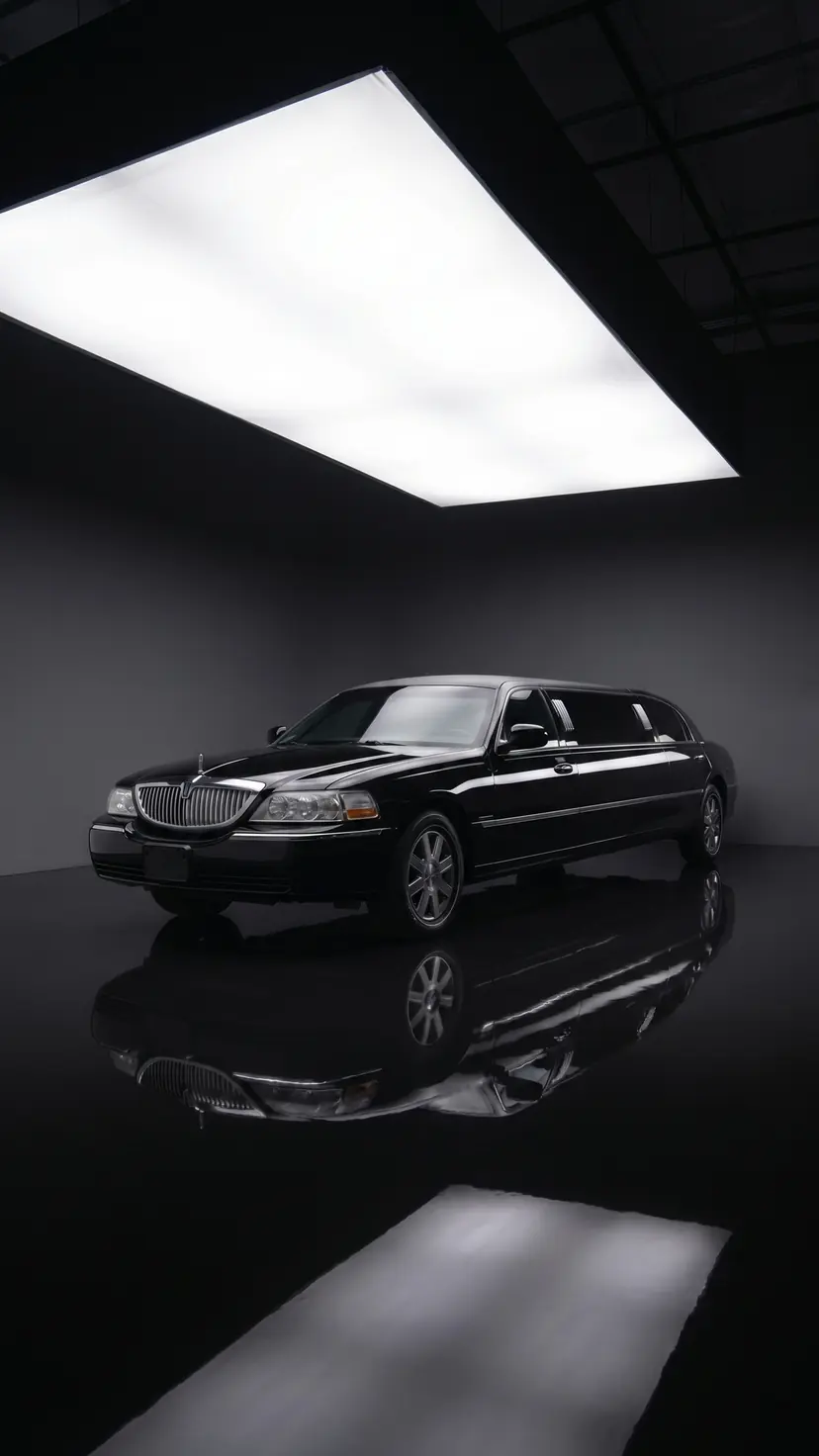 Black Lincoln stretch limousine in the Seven Star showroom under a panel skylight, reflected in the polished black floor — classic eight-passenger limousine for Vancouver weddings and celebrations