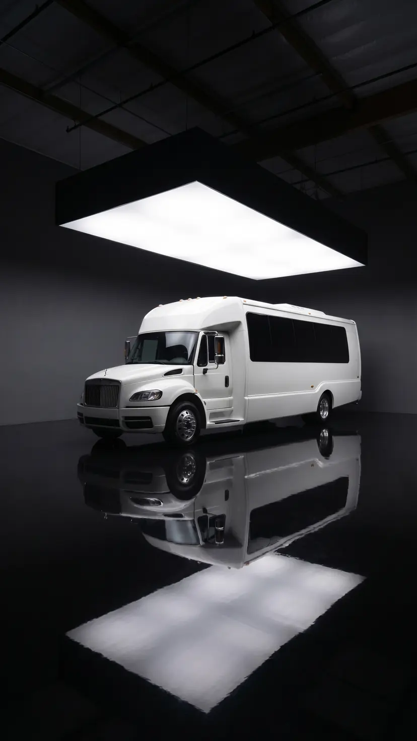 Seven Star Luxury Party Bus, a white 32-seat private touring coach in the showroom under a panel skylight — Vancouver group transport for weddings, galas, and celebrations